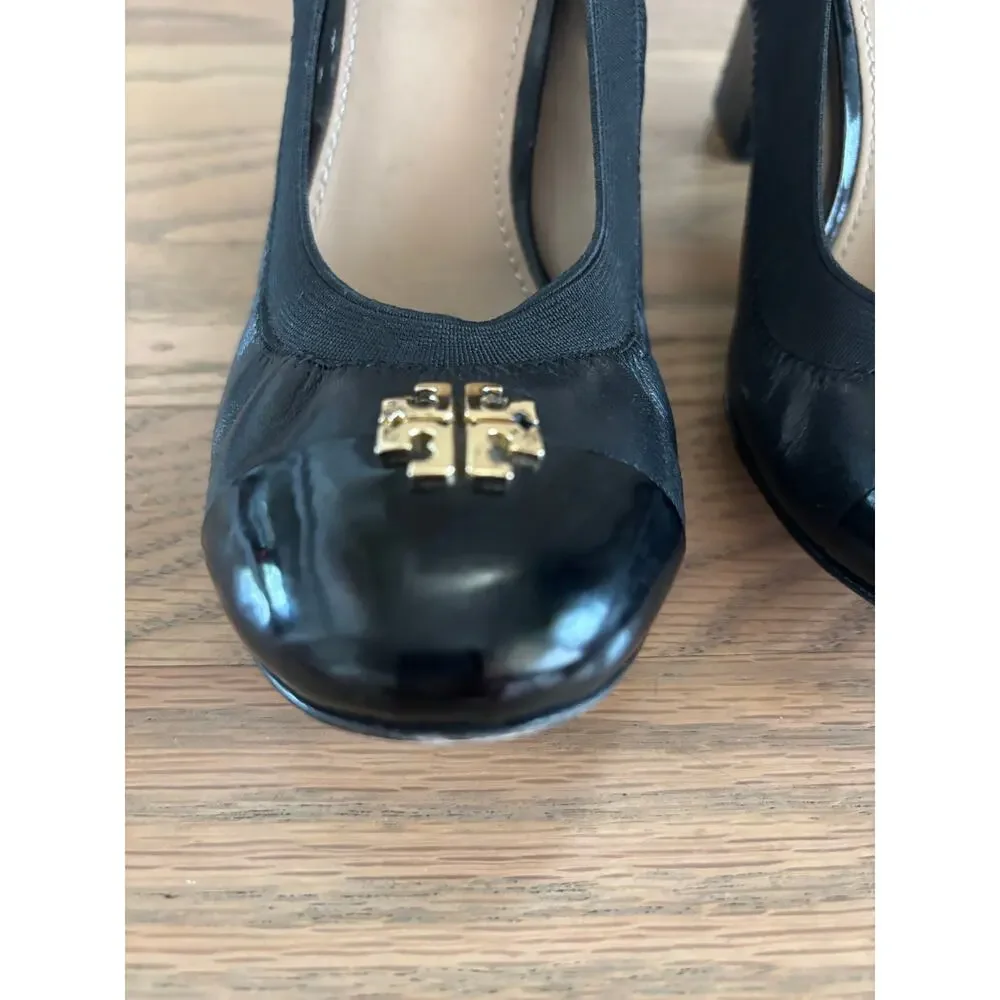 Tory Burch Jorie Block Heel Pumps Black Leather Gold Logo Medallion Size 6.5